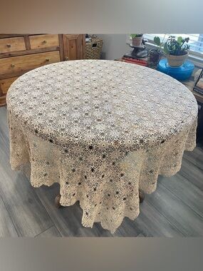 Antique Crochet Tablecloth 72” X 72” Beige 1880’s Hays Thread Square Vintage
